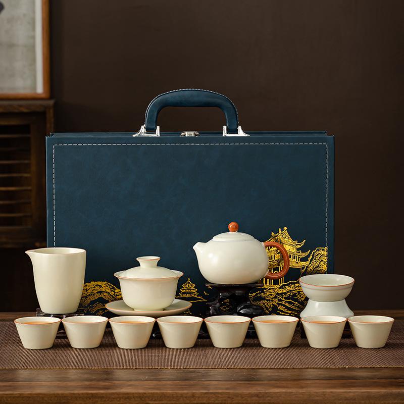 

2024 New Ru Kiln Tea Set Household Tea Making Kung Fu Tea Set Light Luxury Ceramic Teapot Holiday Gift Customization