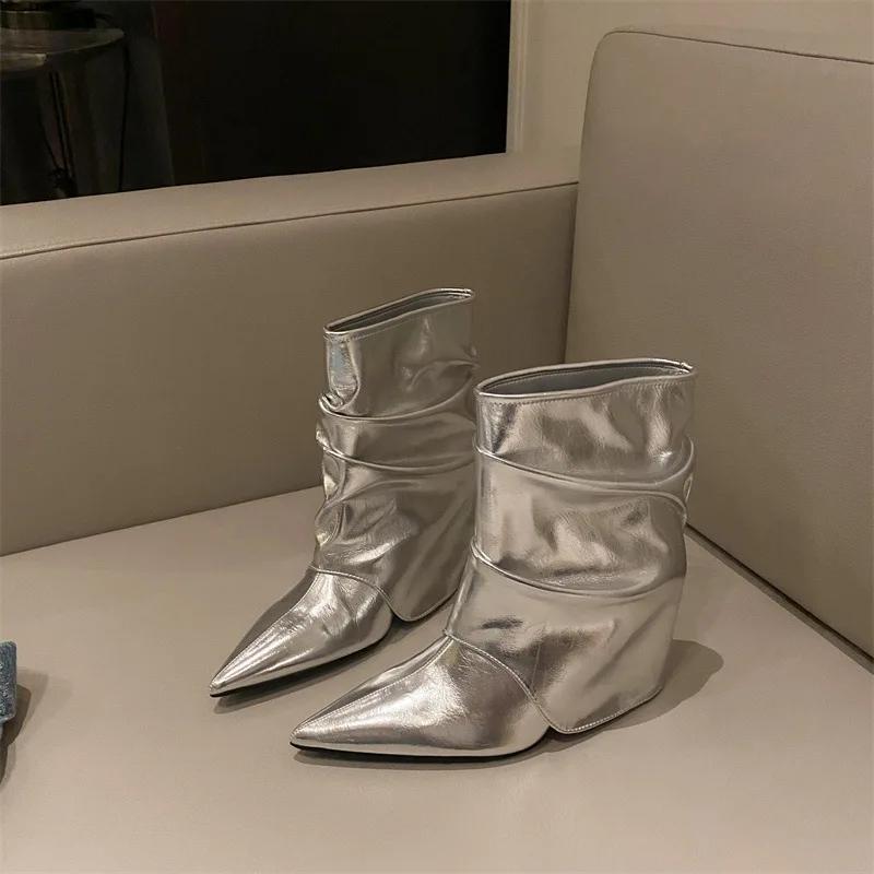 Fashion 2025 Autumn Winter Pleated Pointed Toe Women Ankle Boot Wedges High Heels Banquet Prom Street Style Female ShoesEilyken
