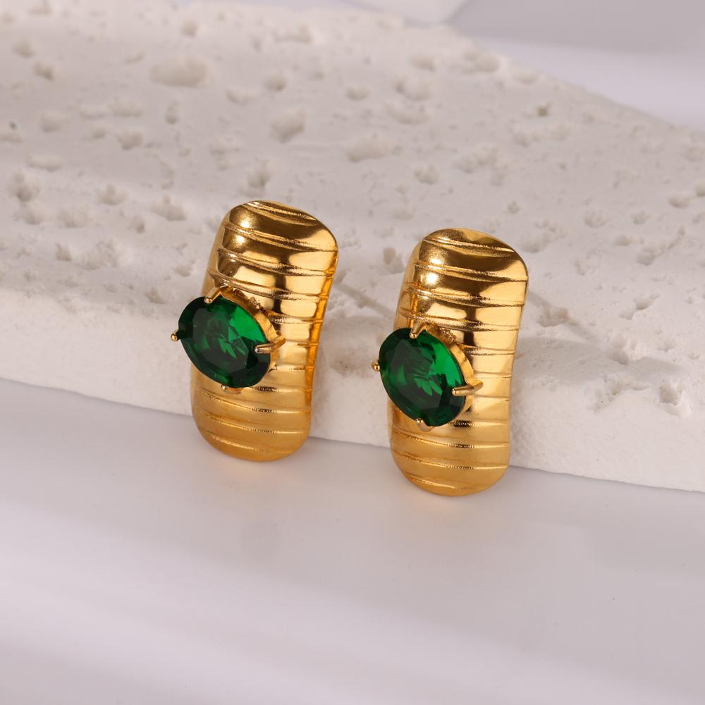Green Zircon Rectangle Stud Earrings For Women Gold Color Stainless Steel Earring Christmas Wedding Waterproof Jewelry Gift