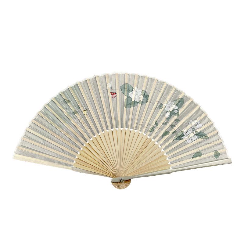 Portable Ancient Chinese Bamboo Folding Fan for Hanfu & Qipao - Gardenia Design
