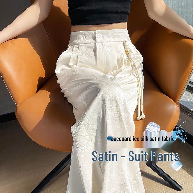 

2026 New Women s Ice Silk Wide-Leg Pants: Chinese National Style, High-Waisted, Loose Fit for Spring/Summer. S грязно-белый