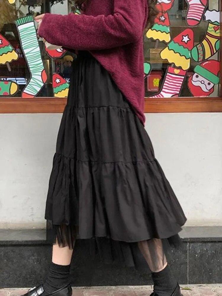 Tulle Skirts Womens Irregular Fashion Korean Elastic High Waist Mesh Tutu Skirt Pleated Long Skirts Midi Skirts for Women