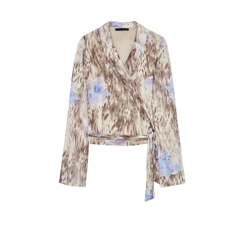 Print Silk Net Long Sleeves Double Breasted V Neck Tops 5039137 Silk Net Translucent High Waist Pants 5039138