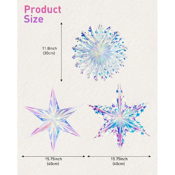 3PCS Iridescent Decoration Ornaments Hanging Decorations, Iridescent Snowflakes Fan, Starry Snowflake, Hexagram Stars Garland for Home Decorations