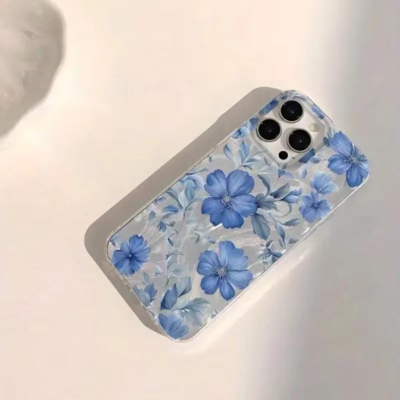 Fashionable Sparkling Blue Floral Pattern Phone Case for iPhone 16 16E 15 14 13 12 11 Pro Max 7 8 14 15 Plus X XR XS SE2 Cover