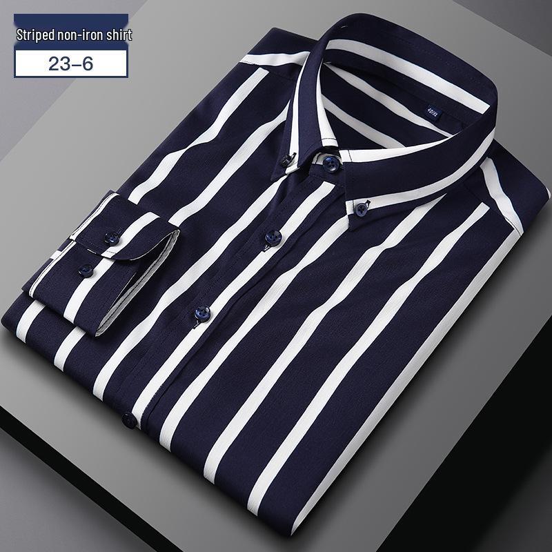 Men's Business Casual Striped Long Sleeve Shirt with Button-Down Collar