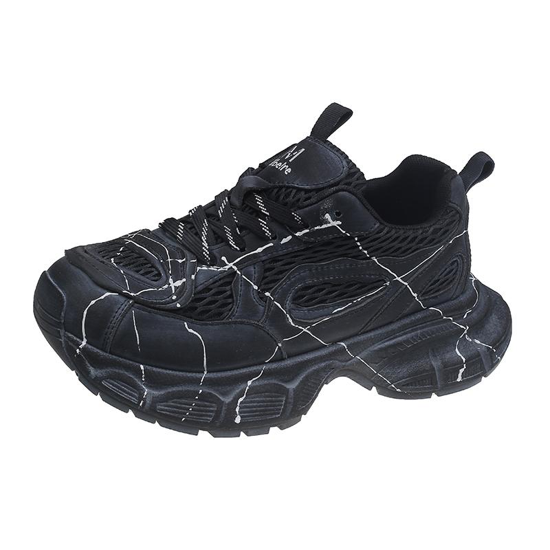 Colorblock Sneakers Autumn New Round Toe Deep Mouth Front Lace-Up Mesh Breathable Platform Non-Slip Sneakers