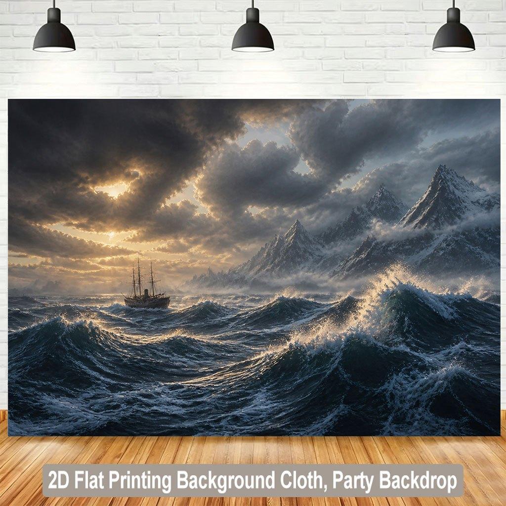 1 piece of 2D flat background fabric banner depicting a solitary ship in the turbulent sea.PMJ