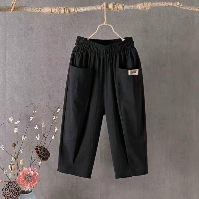 Fashion Casual Women's Loose Cropped Pants Summer Large Size Elastic Waist Solid Color Short Harlan Pants Simple Versatile Office Pockets Trousers