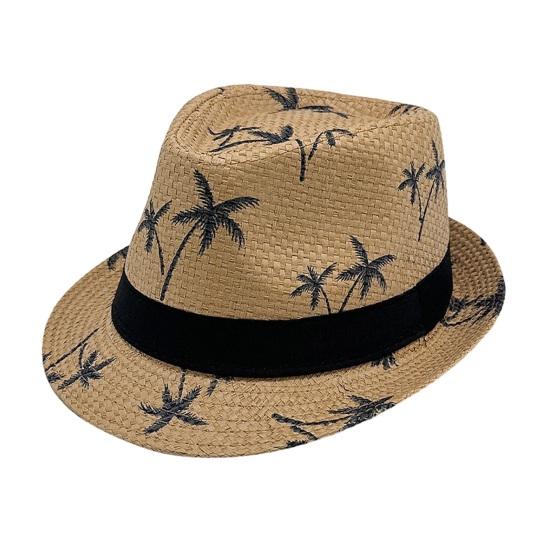 Vacation Beach Hat Straw Woven Sun Protection Hat with Coconut Tree Pattern Breathable