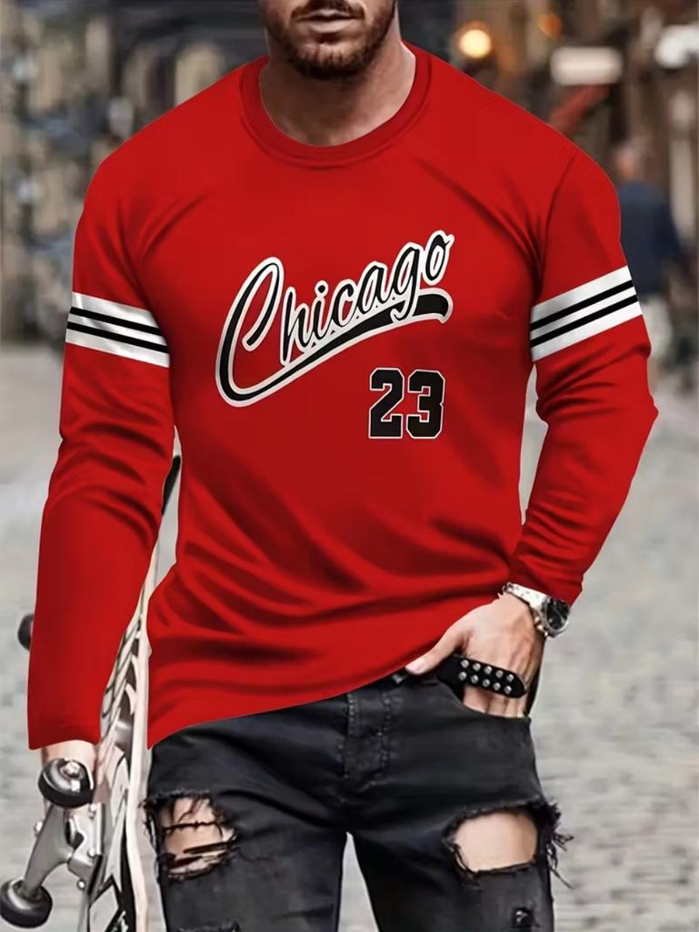 Mens T Shirt Los Angeles 3D Print Long Sleeve Autumn Striped Round Neck Outdoor Sports T-Shirt for Men Daily Men's Tops Clothing