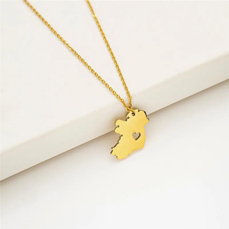 Ireland Map Pendant Necklace with Heart Stainless Steel Outline Irish Dublin Motherland Hometown Chain Clavicle Collar Choker