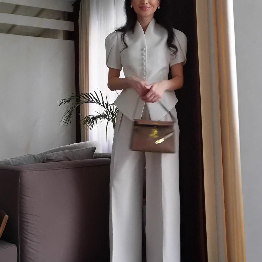 summer new cross-border European and American casual bag sleeve suit button cardigan long sleeve jacket loose wide leg pants suit