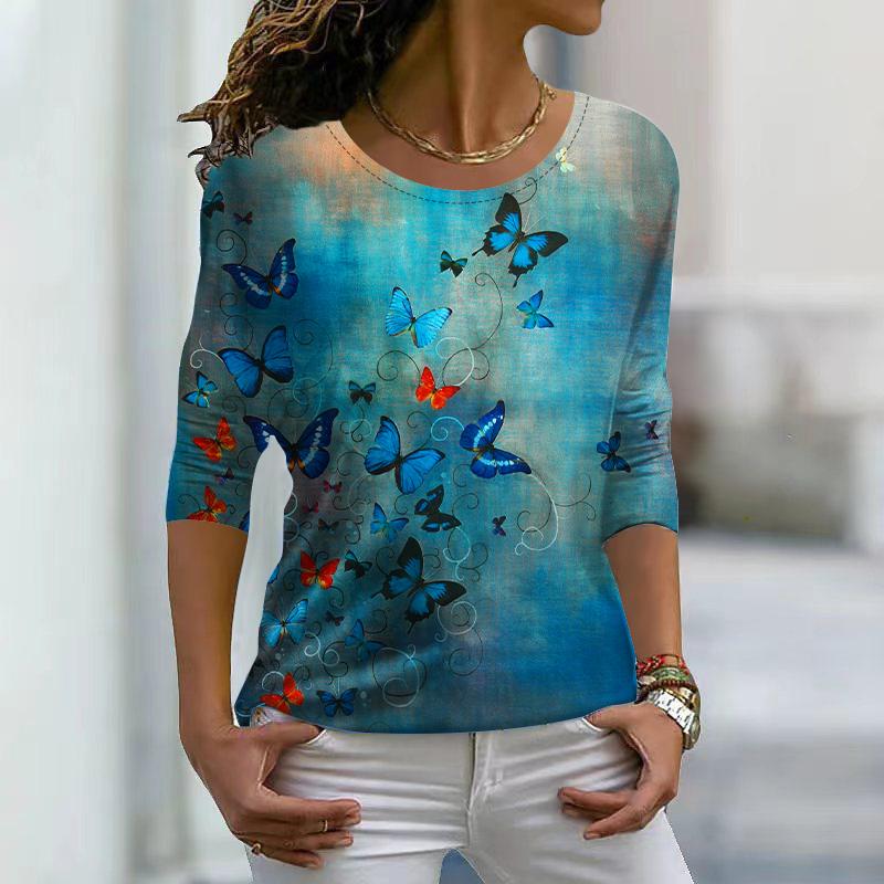 

Женские осенние топы, свободные фиолетовые одуванчики с принтом, повседневная футболка с длинным рукавом, топ, блузка 8XL светло-синий