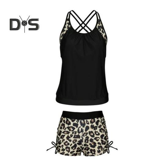 

2 шт./комплект женский танкини комплект с открытой спиной кружевной леопардовой строчкой топы для плавания шорты комплект раздельный купальник XXL чёрный
