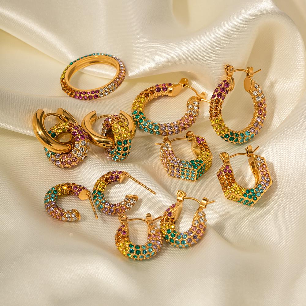 Trendy Gold-Plated Colorful Diamond Hoop Earrings for Women
