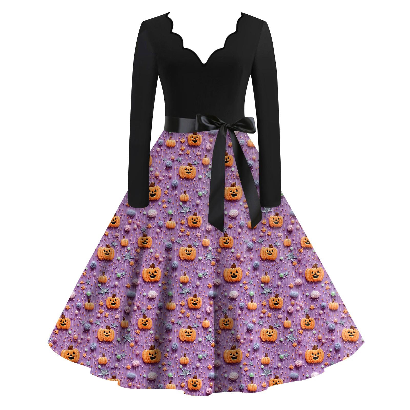 

Женская повседневная мода с длинным рукавом Хэллоуин принт винтажные длинные платья осень XL фиолетовый