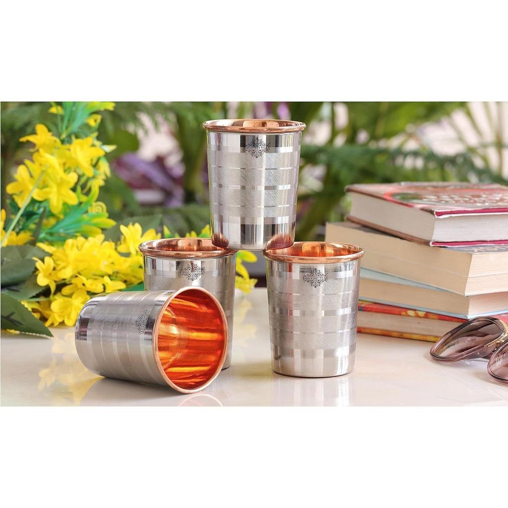 Steel Copper Luxury Glass – 250 ML, Ayurvedic Drinkware for Daily Use, Elegant Steel-Copper Design for Home, Office, and Gifting, Set of 4
