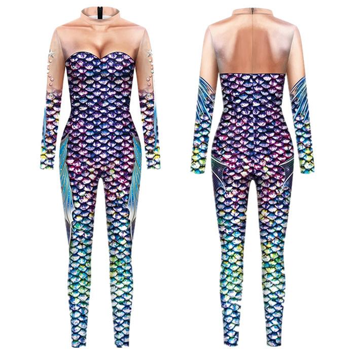 Ozean Fischschuppen Kostüme Erwachsene Halloween Karneval Party Cosplay Outfit Frauen Männer Verkleiden Jumpsuit