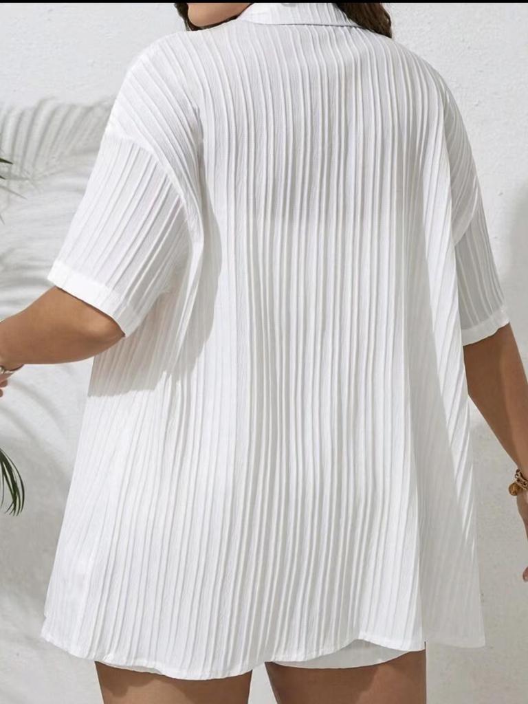 2026 European Plus Size Pleated Short-Sleeve Cardigan & Shorts Set - Women's Casual Vacation Suit