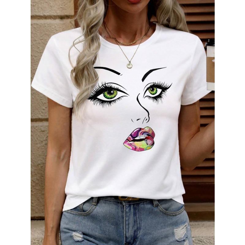 Summer Round Neck 3D Facial Depiction Pattern Print Top Fashionable Casual Short Sleeved Women's T-shirts