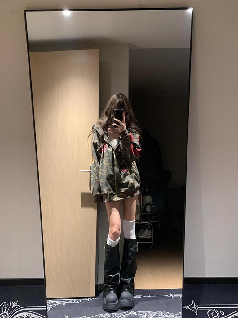 Damen Oversized Camouflage Kapuzen-Sweatshirtjacke, Koreanischer Stil, Frühling/Herbst 2025.