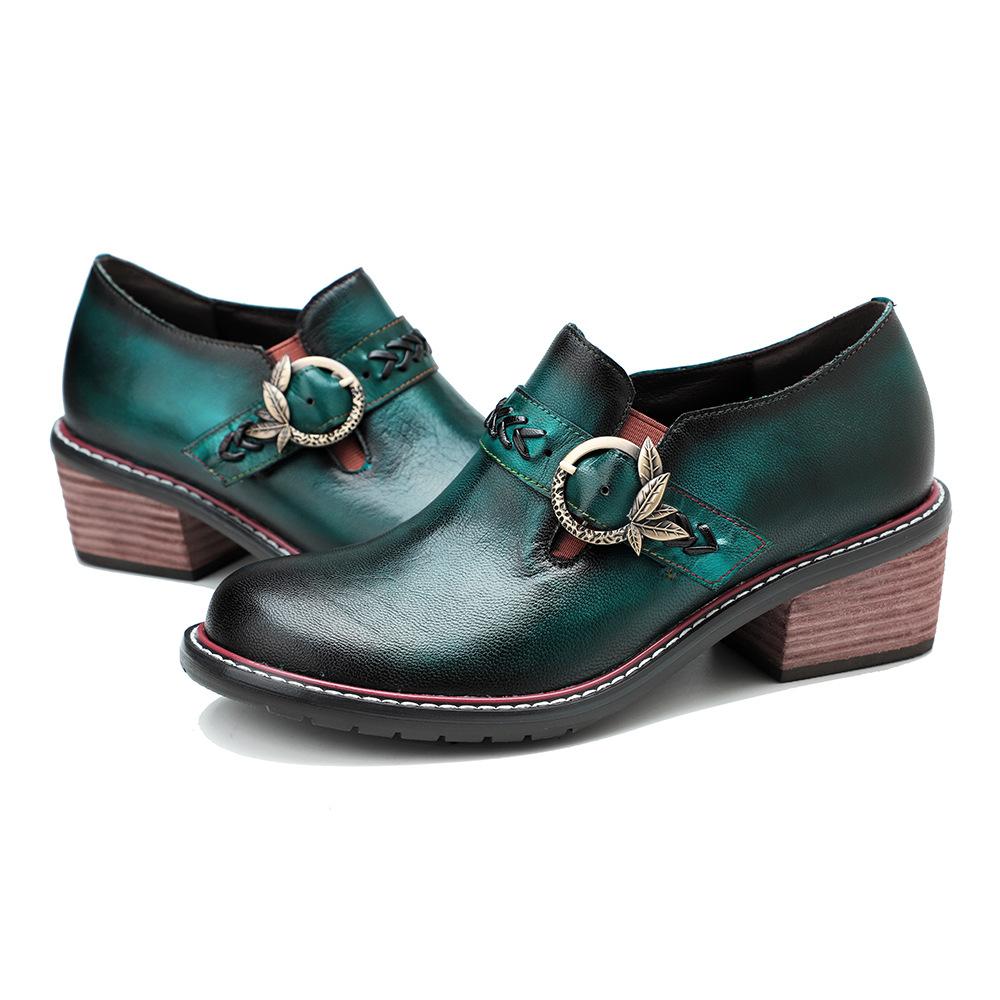 Johnature Zapatos de tacón de cuero genuino para mujer, zapatos de primavera Retro con punta redonda, Color sólido, hechos a mano, zapatos de ocio Silp-on