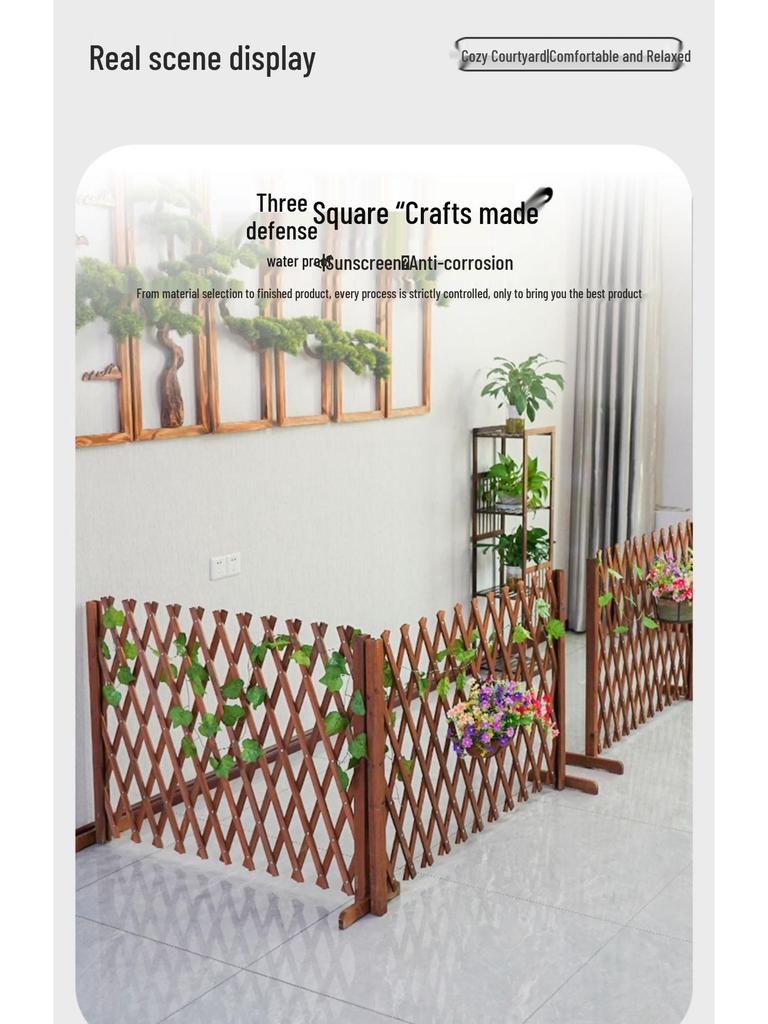 Zatahovací venkovní plot pro domácí mazlíčky a zahradu z masivního dřeva s antikorozním ochranným zábradlím a stojanem na květiny