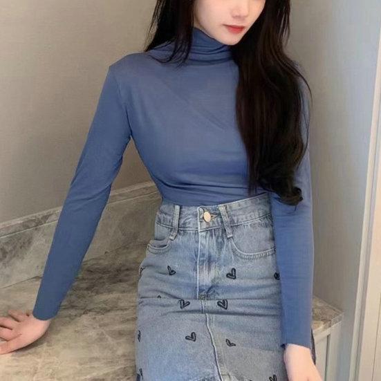 Women Bottoming Top Slim Fit Long Sleeve Half Turtleneck High Elasticity Pullover Keep Warm Solid Color Autumn Winter Lady Bottomed