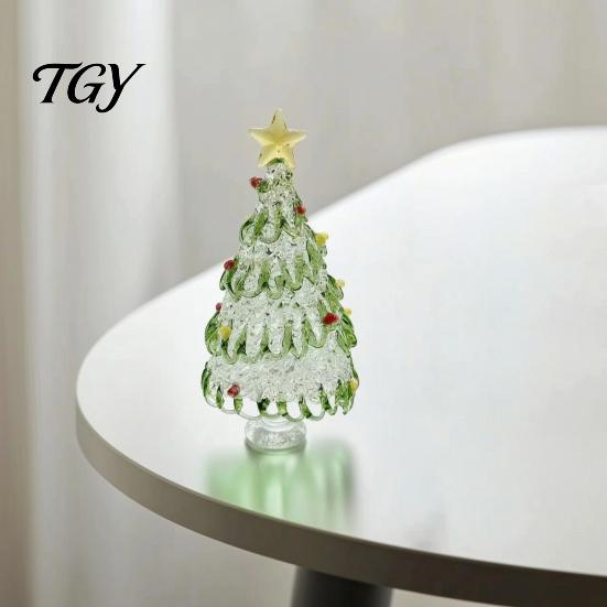 Christmas Tree Ornament Hand Blown Glass Figurine with Golen Star, Atmosphere Decor Mini Xmas Ornament, Handmade Desktop Holiday Decoration