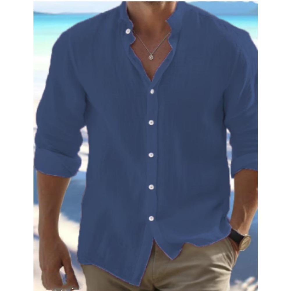 Men's Linen Button-Down Shirt Summer Beach Shirt Long-Sleeved Plain Solid Collared Spring/Summer Casual Everyday Wear