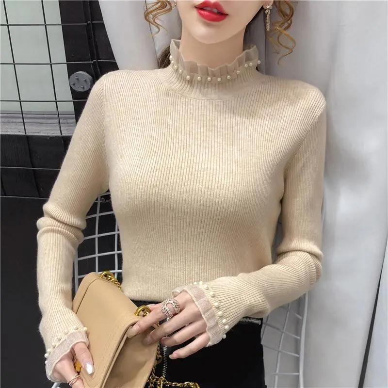 Semi-turtleneck Sweater Bottoming Shirt Women's Autumn and Winter Long-sleeved Top Beaded Lace Slim-fit Knitted Sweater