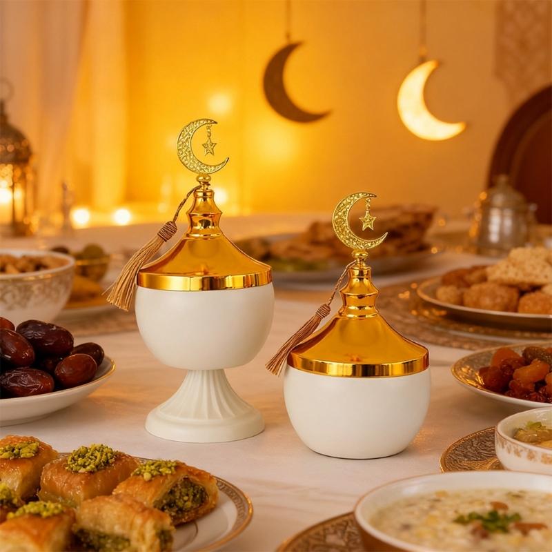Decorative Ramadans Metal Candy Dish with Lid Islamic Party Tray For Seasonal Displays And Everyday Storage Purposes