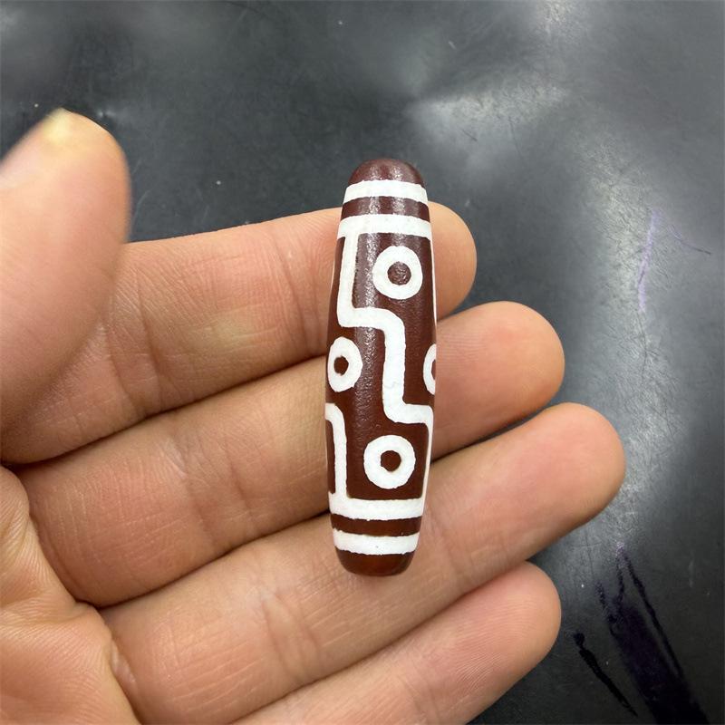 Nine-Eyed Deep Red Jade Agate Dzi Tube Beads 47mm, Frosted Matte Finish