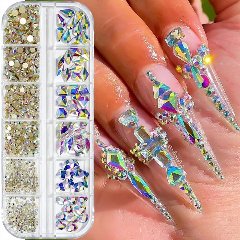 12Gird Box Multi Size AB/Colorful Hotfix Rhinestones Flatback Crystal Diamond Gems 3D Glitter Nail Art Luxurious Decorations