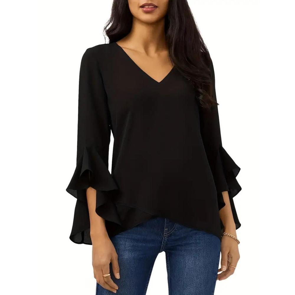 

QICED женские модные повседневные осенне-зимние однотонные блузки и рубашки с v-образным вырезом и длинными рукавами с принтом XXL чёрный