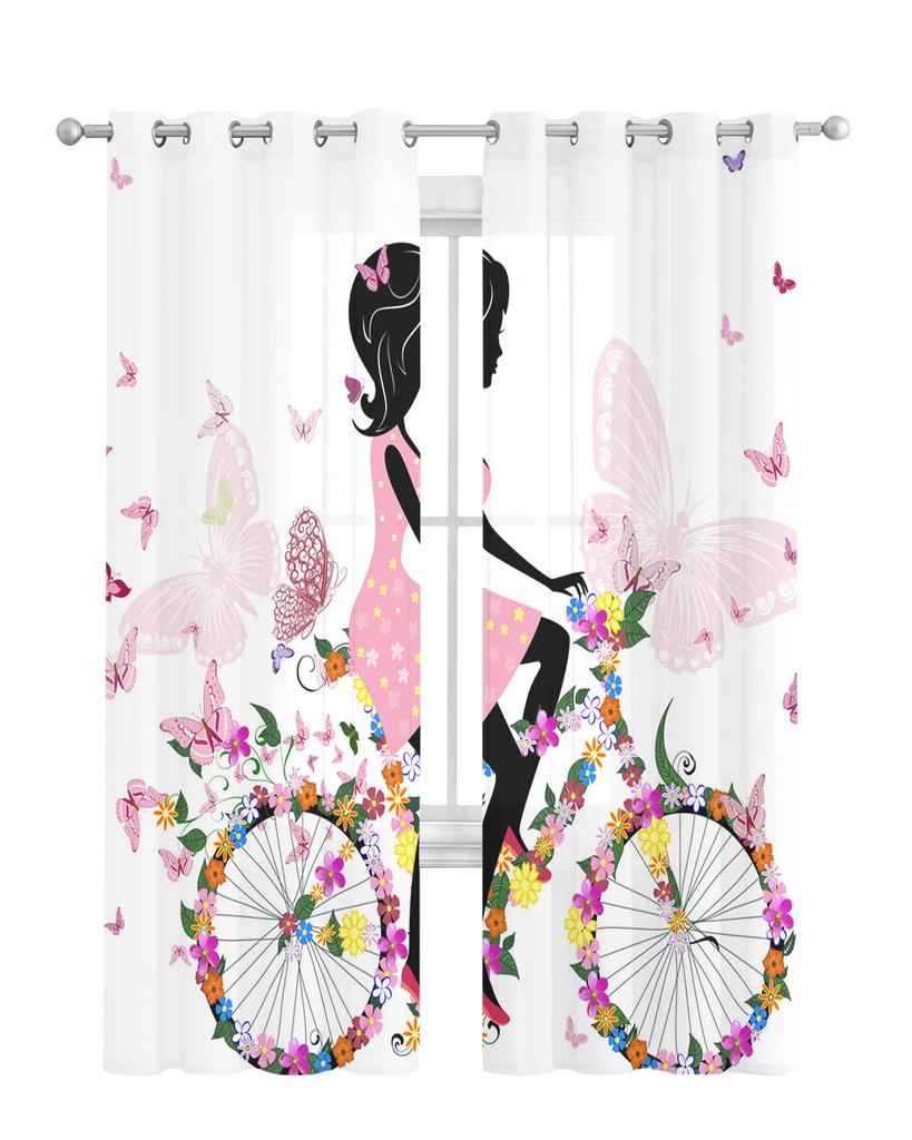 Butterfly Girl Bicycle Flower Pink White Chiffon Sheer Curtains for Living Room Bedroom Decoration Window Voiles Tulle Curtain