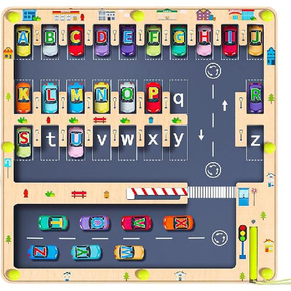 Magnetic Alphabet Maze Letter Puzzle Board, NOWRICH Montessori Toys for 2 3 4 5 Years Old Boys Girls, Magnet Alphabet Learning Car Parking Maze Toys Alphabet Parking Maze