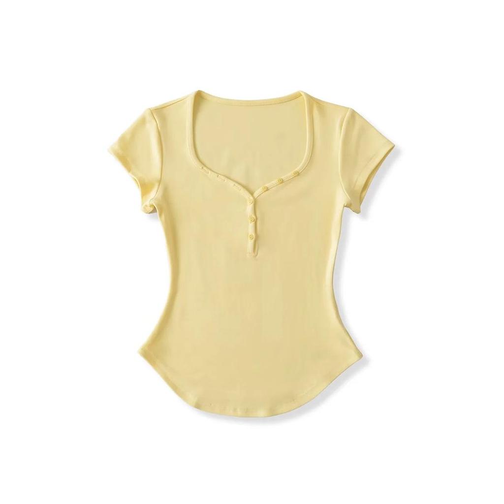 Damen Einfarbiges Slim-Fit T-Shirt mit Herzausschnitt & Gebogenem Saum