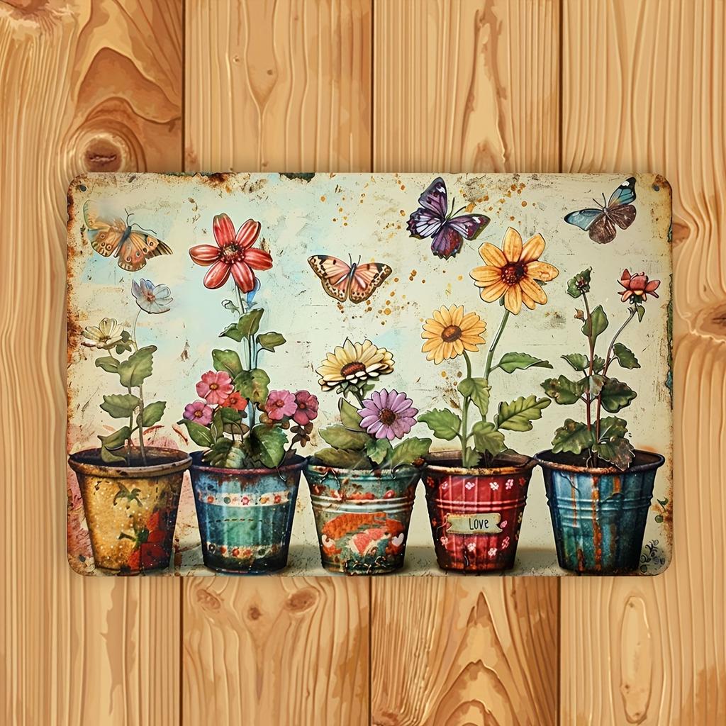 Room Decor Garden Metal Tin Sign, Iron Wall Art with Butterflies and Flowers, Indoor/Outdoor Decorative Hanging Painting fo