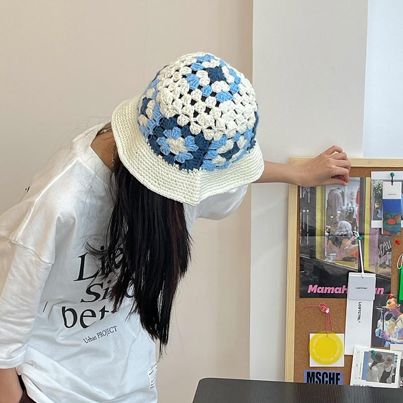 2023 Blumen Häkel Eimerhut Damen Frühling Sommer Handgestrickte Mützen INS Koreanisch Niedliche Mützen Panama Hut