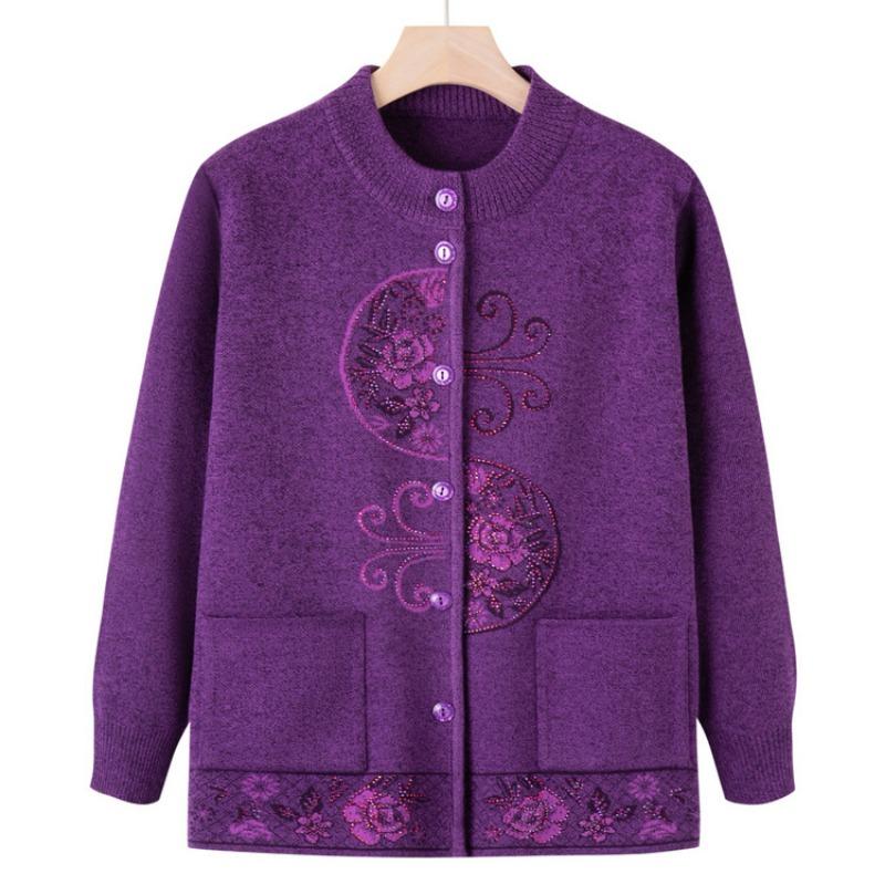 Grandma Crew Neck Sweater New Autumn Mom Knitted Sweater Cardigan Jacket Old Lady Clothes Women