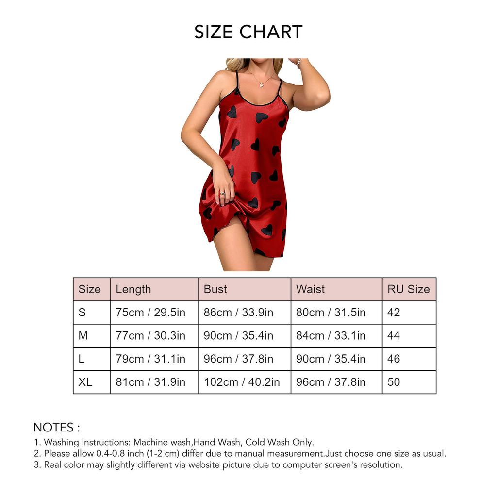 Women Sleeveless Sleepwear Dress Heart Printing Spaghetti Straps Summer Nightwear Pajamas Red M