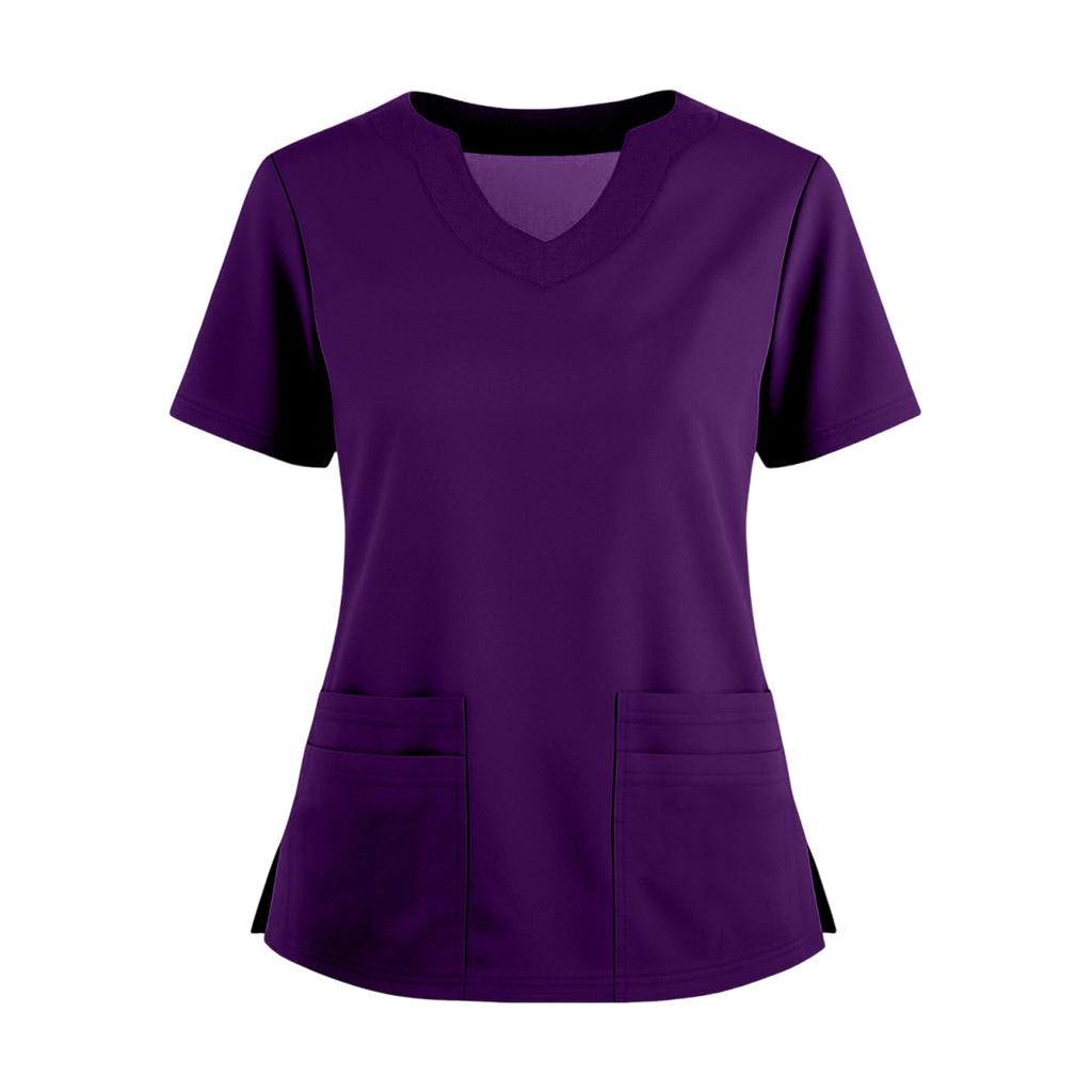 Women's Short Sleeved Solid Color V-neck Buttonable Side Slit Top T-shirt