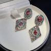 Pre-owned Vintage-style Earrings, Antiqued Bronze Plated with Real Gold, Zircon-studded, Marked for a High-end, Light Luxury Appeal.