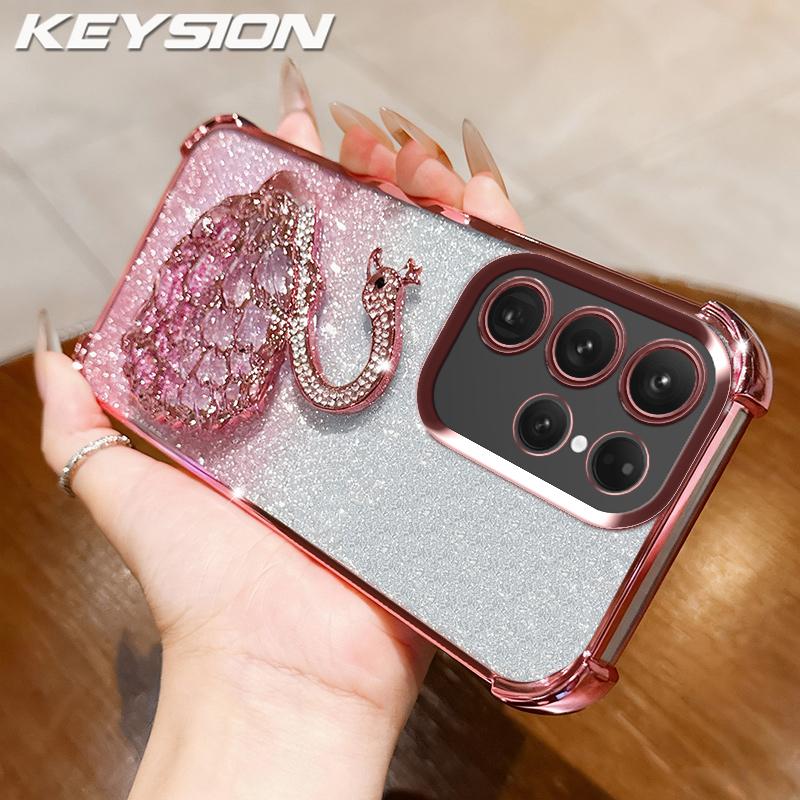 KEYSION Shockproof Plating TPU Phone Case for Samsung S24 S25 Ultra S25+ Glitter Jewelled Swan kickstand Cover for Galaxy S24 S25 FE 5G