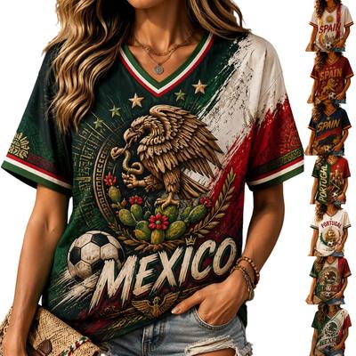 Dames V-hals T-shirt met Korte Mouwen Voetbal Grafische Print Casual Losse Top voor Dagelijks Gebruik