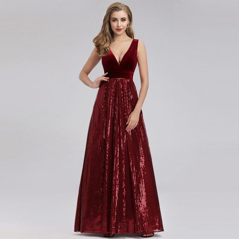 

European and American Style Dress with V-Neck, Sleeveless, Floor-Length, Sequined, Large Hem, Velvet Patchwork, Elegant Performance Evening Gown Burgundy S