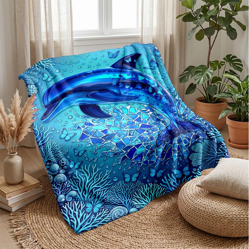 Ocean Love Dolphins Theme Blanket Lightweight Warm Flannel Blanket Decorative Throw Blanket for Home Decoration