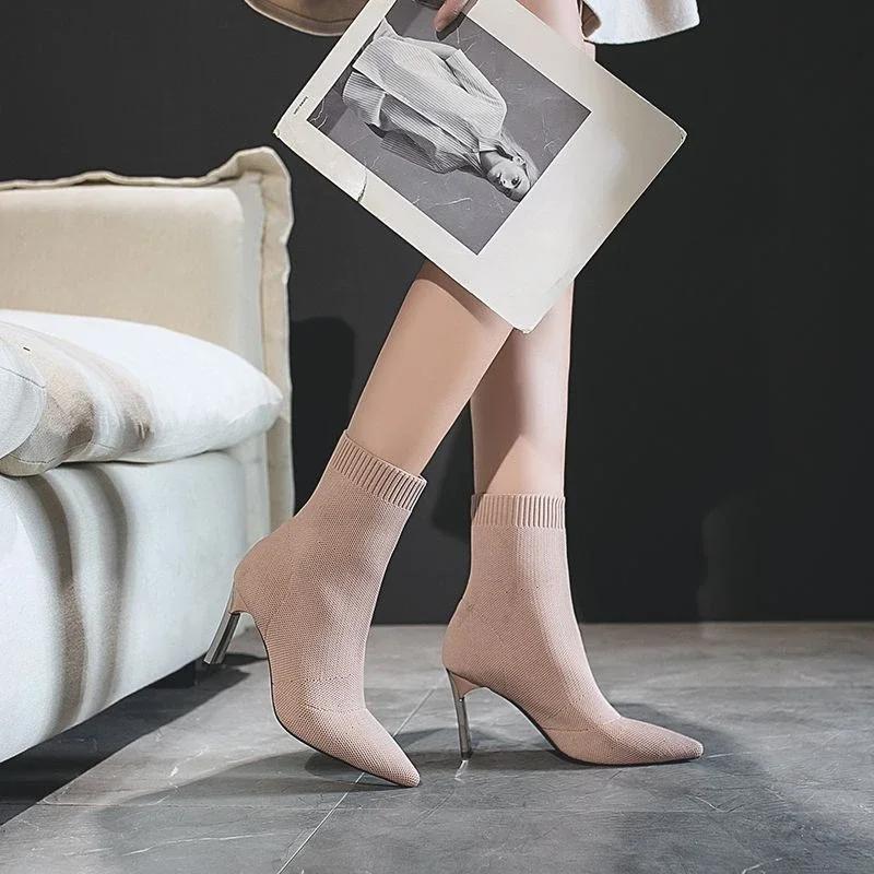 Fashion Mid Calf Shoes Woman High Heels Elegant Half Boots Women Heeled Pointed Toe Trend 2024 Boot Chic Hot Footwear On Promotion Gyaru